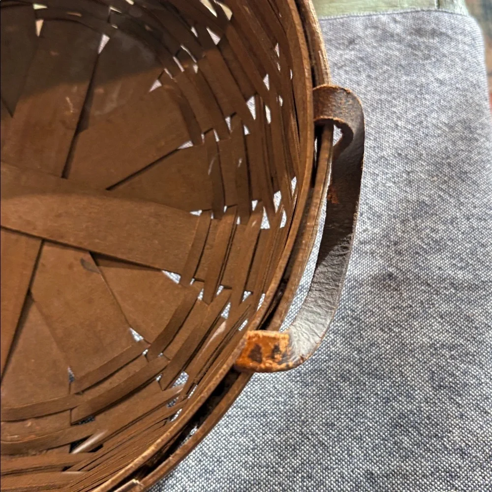 Signed 1982 Handwoven Wood Splint Basket Leather Handles Primitive